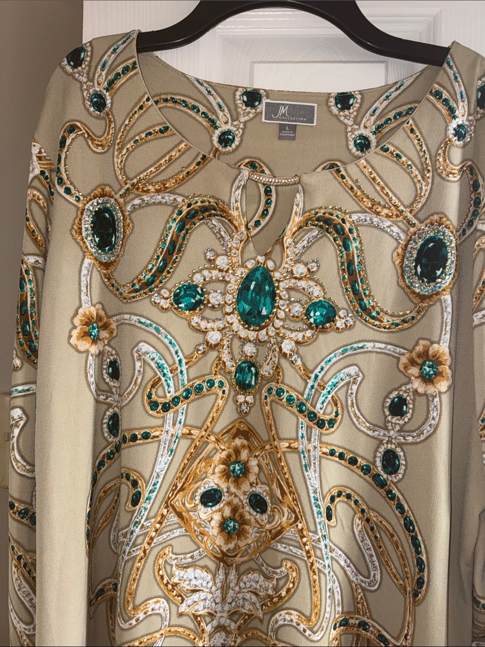 JM Collection Cream Tunic with Gold Embroidery and Emerald Jeweled Accents